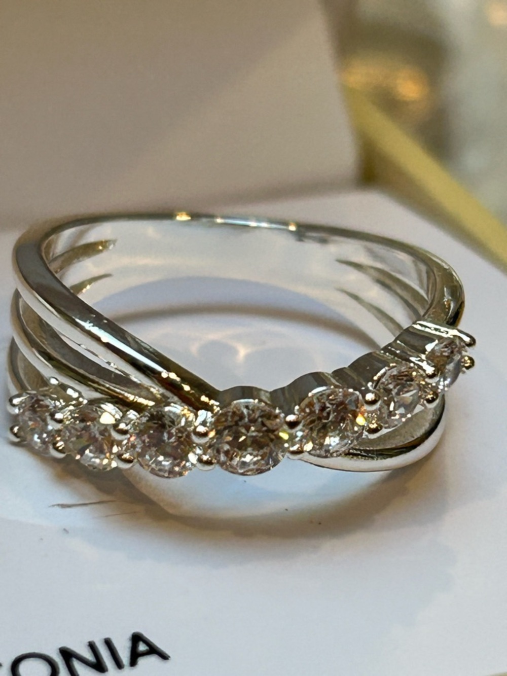 Charter Club Silver-Tone Crystal Row Crossover Ring size 7 CZ silver plated
